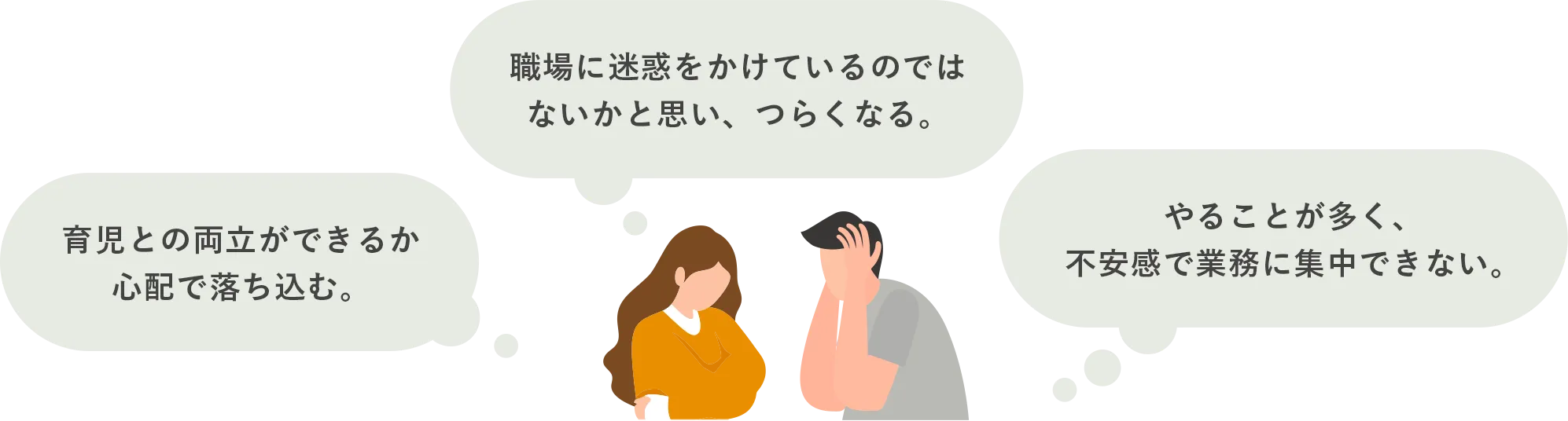 職場に迷惑をかけているのではないかと思い、つらくなる。育児との両立ができるか心配で落ち込む。やることが多く、不安感で業務に集中できない。